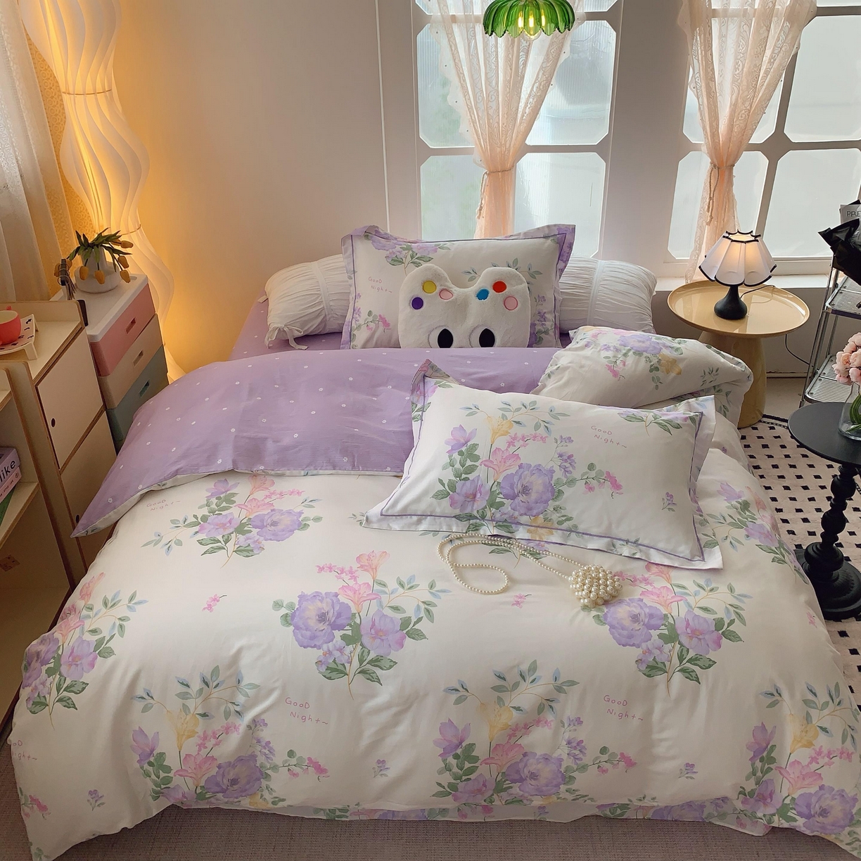 91家纺网 家纺一手货源 找家纺 莱豫家纺 2025新款亲肤舒适小清新印花纯棉四件套 紫薇
