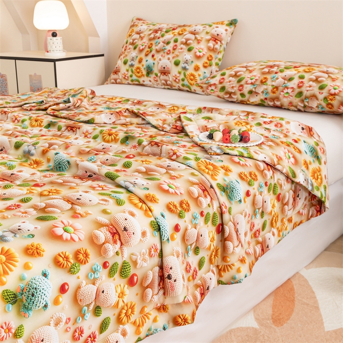 91家纺网 家纺一手货源 找家纺 天瑜家纺 2025新款5D印花棉绸卡通夏被 5D毛线小熊黄