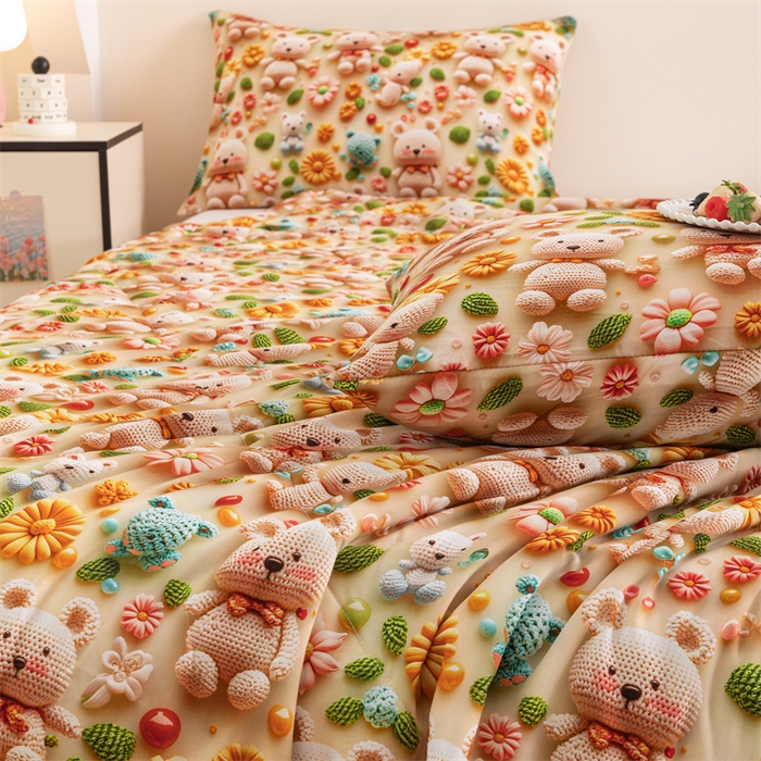 91家纺网 家纺一手货源 找家纺 天瑜家纺 2025新款5D印花棉绸卡通夏被 5D毛线小熊黄