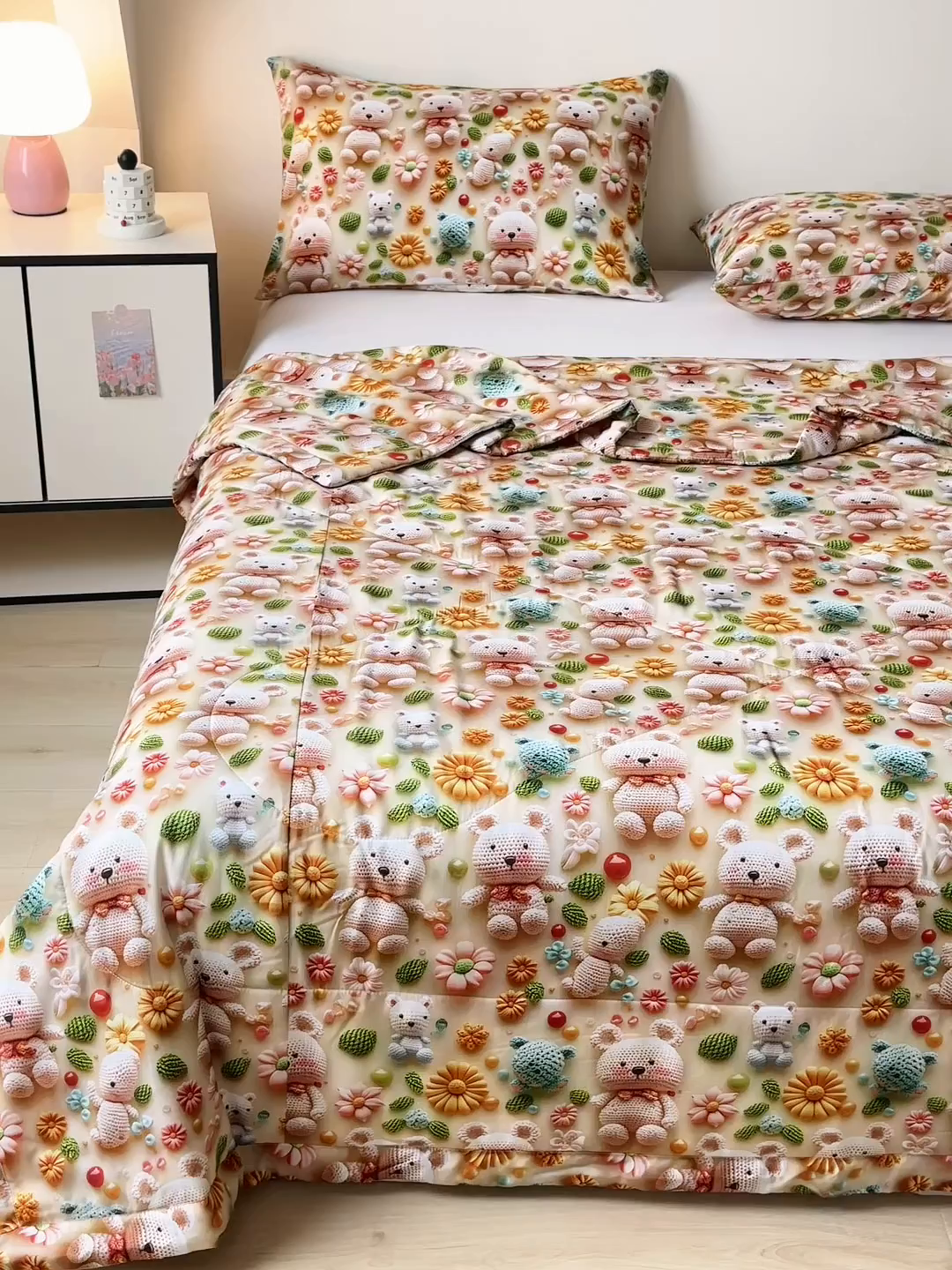 91家纺网 家纺一手货源 找家纺 天瑜家纺 2025新款5D印花棉绸卡通夏被 5D毛线小熊黄