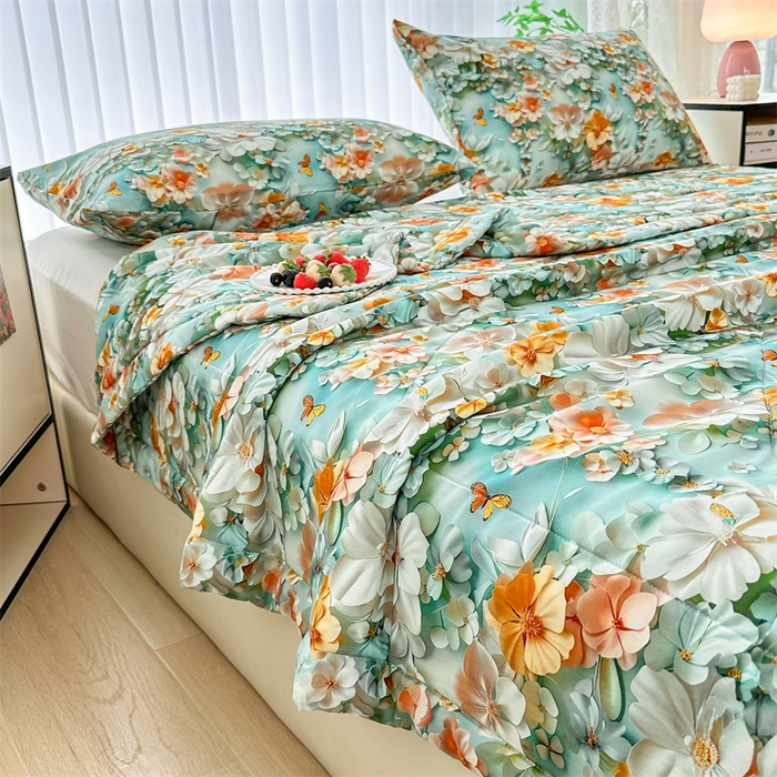 91家纺网 家纺一手货源 找家纺 天瑜家纺 2025新款5D印花棉绸卡通夏被 5D百花齐放