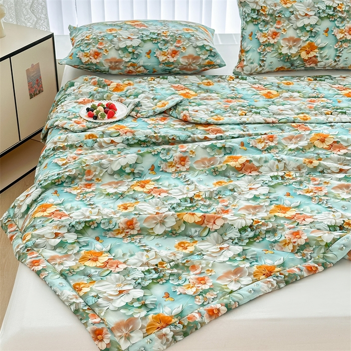 91家纺网 家纺一手货源 找家纺 天瑜家纺 2025新款5D印花棉绸卡通夏被 5D百花齐放