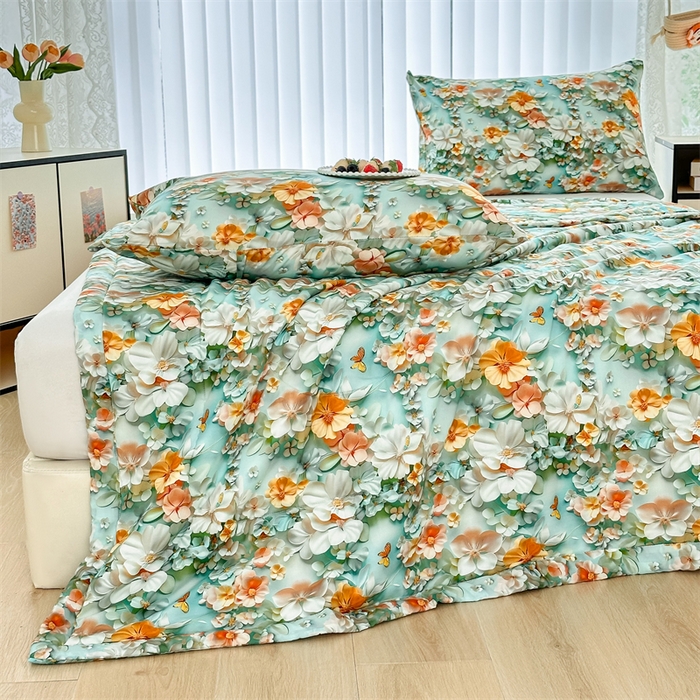 91家纺网 家纺一手货源 找家纺 天瑜家纺 2025新款5D印花棉绸卡通夏被 5D百花齐放