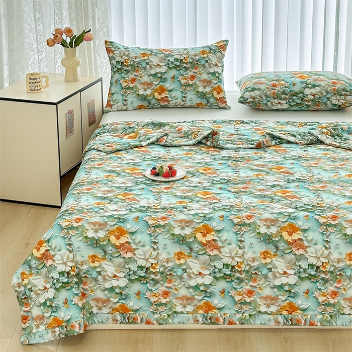 91家纺网 家纺一手货源 找家纺 天瑜家纺 2025新款5D印花棉绸卡通夏被 5D百花齐放