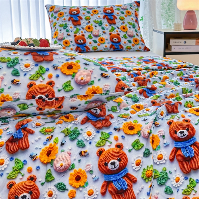 91家纺网 家纺一手货源 找家纺 天瑜家纺 2025新款5D印花棉绸卡通夏被 5D桔色小熊