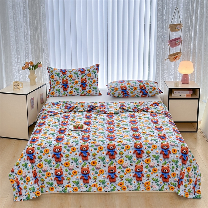 91家纺网 家纺一手货源 找家纺 天瑜家纺 2025新款5D印花棉绸卡通夏被 5D桔色小熊