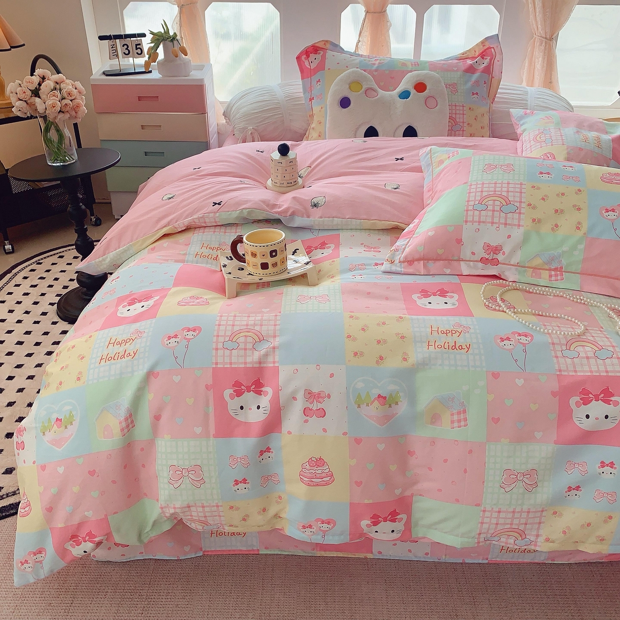 91家纺网 家纺一手货源 找家纺 莱豫家纺 2025新款亲肤舒适小清新印花纯棉四件套 百变猫咪