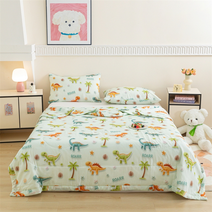 91家纺网 家纺一手货源 找家纺 天瑜家纺 2025新款5D印花棉绸卡通夏被 5D恐龙乐园