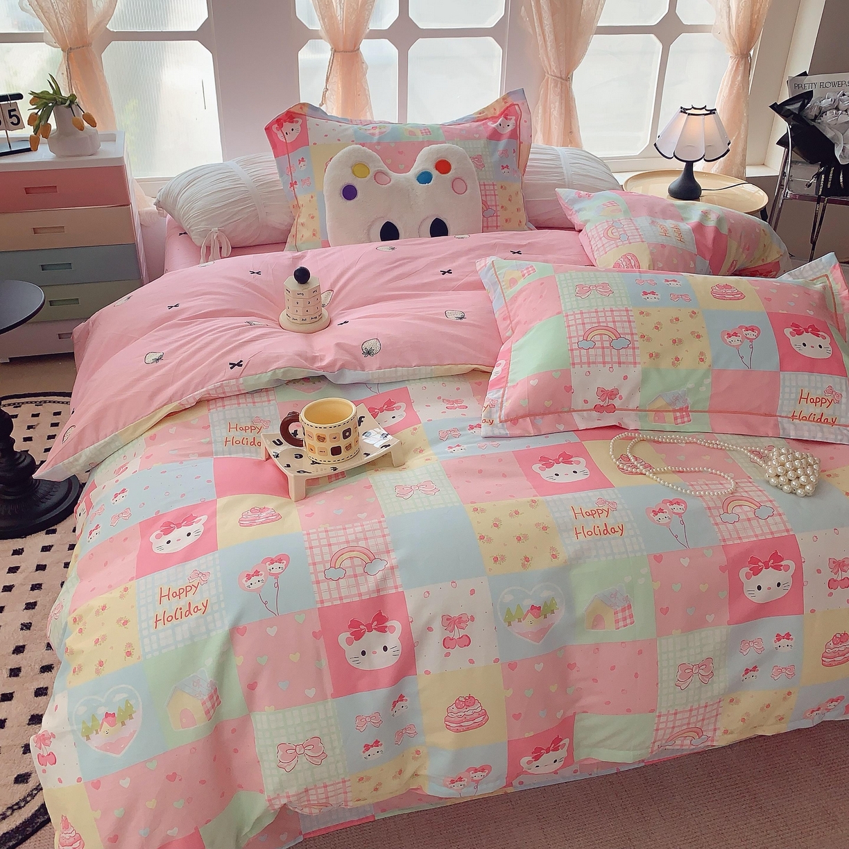 91家纺网 家纺一手货源 找家纺 莱豫家纺 2025新款亲肤舒适小清新印花纯棉四件套 百变猫咪