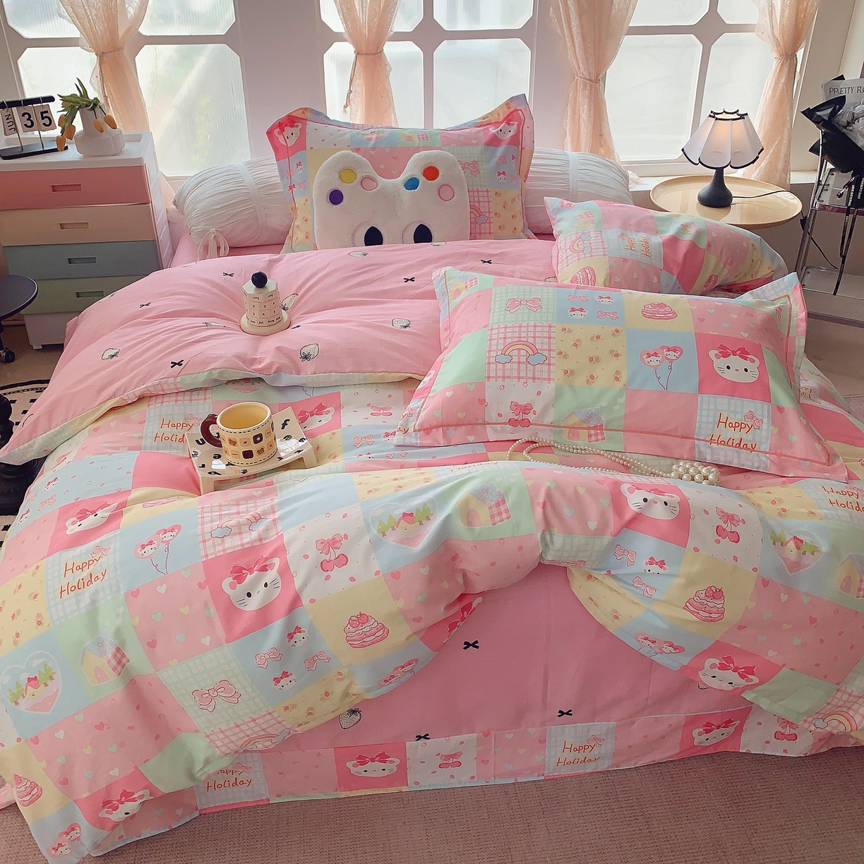 91家纺网 家纺一手货源 找家纺 莱豫家纺 2025新款亲肤舒适小清新印花纯棉四件套 百变猫咪