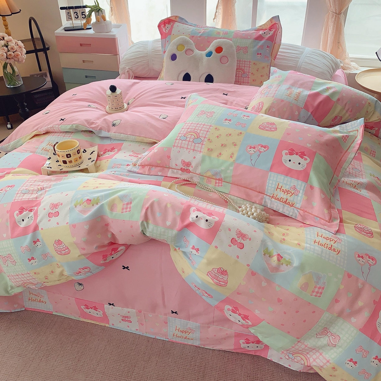 91家纺网 家纺一手货源 找家纺 莱豫家纺 2025新款亲肤舒适小清新印花纯棉四件套 百变猫咪