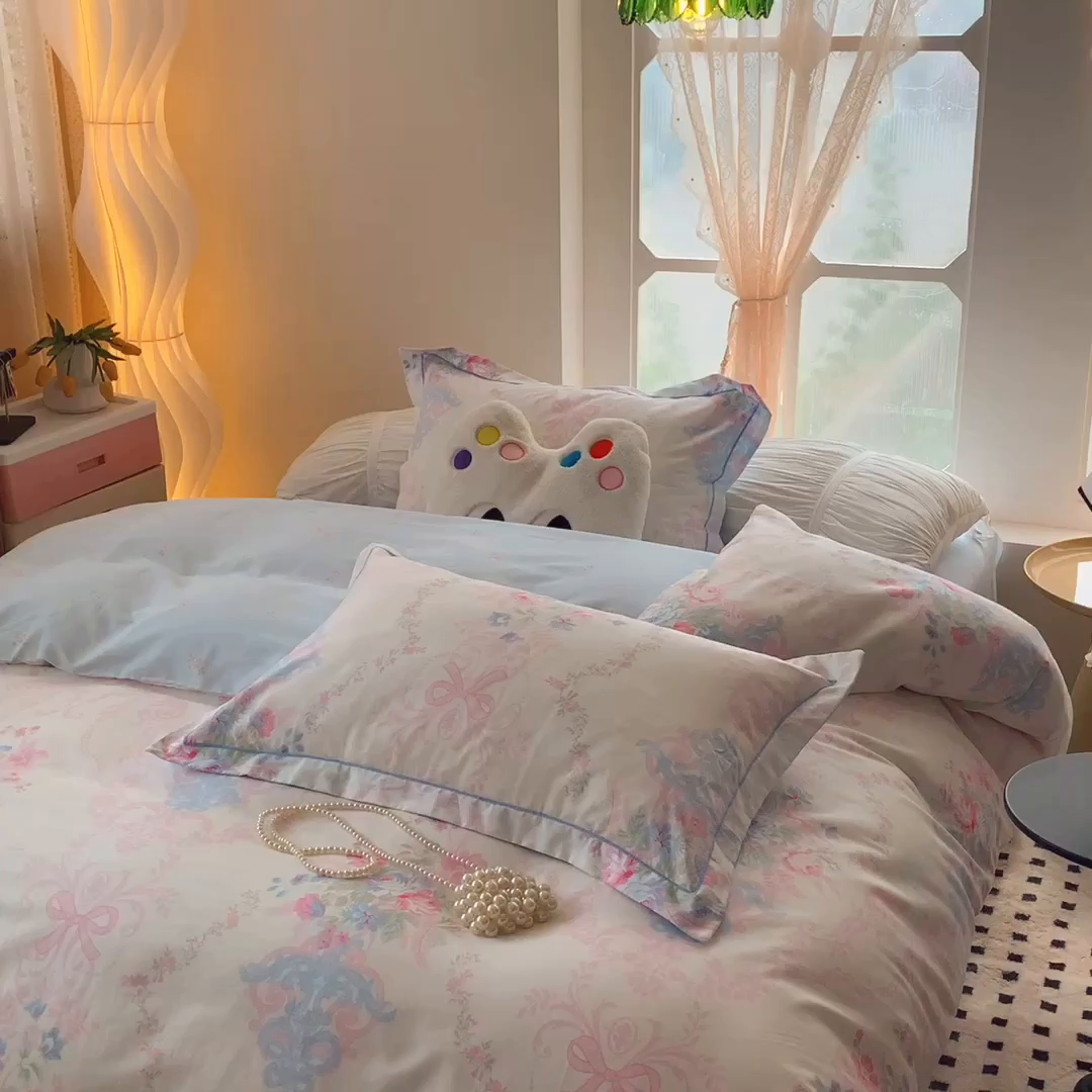 91家纺网 家纺一手货源 找家纺 莱豫家纺 2025新款亲肤舒适小清新印花纯棉四件套 柏林梦境