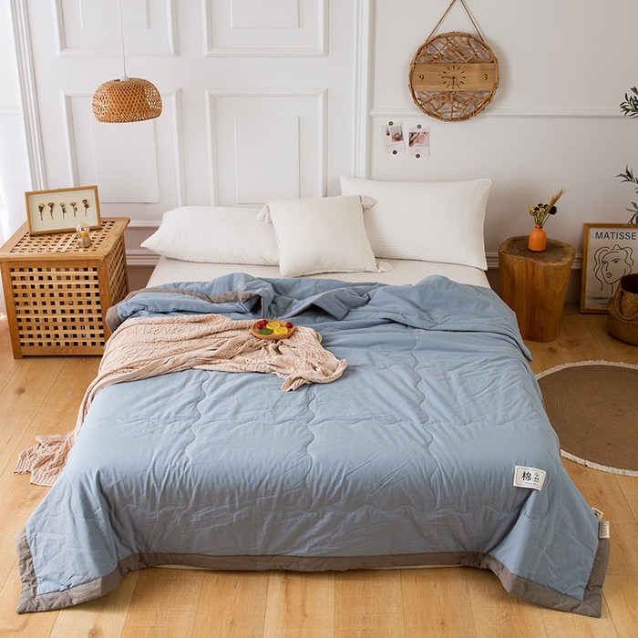 91家纺网 家纺一手货源 找家纺 天瑜家纺 2025新款全棉纯色水洗棉夏被被子被芯 蓝灰