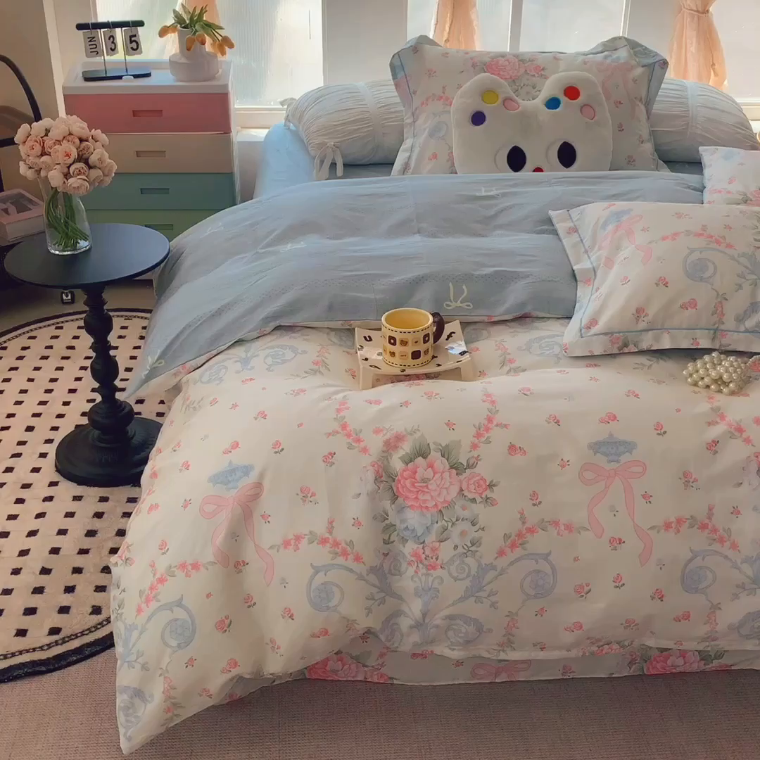 91家纺网 家纺一手货源 找家纺 莱豫家纺 2025新款亲肤舒适小清新印花纯棉四件套 半夏倾城