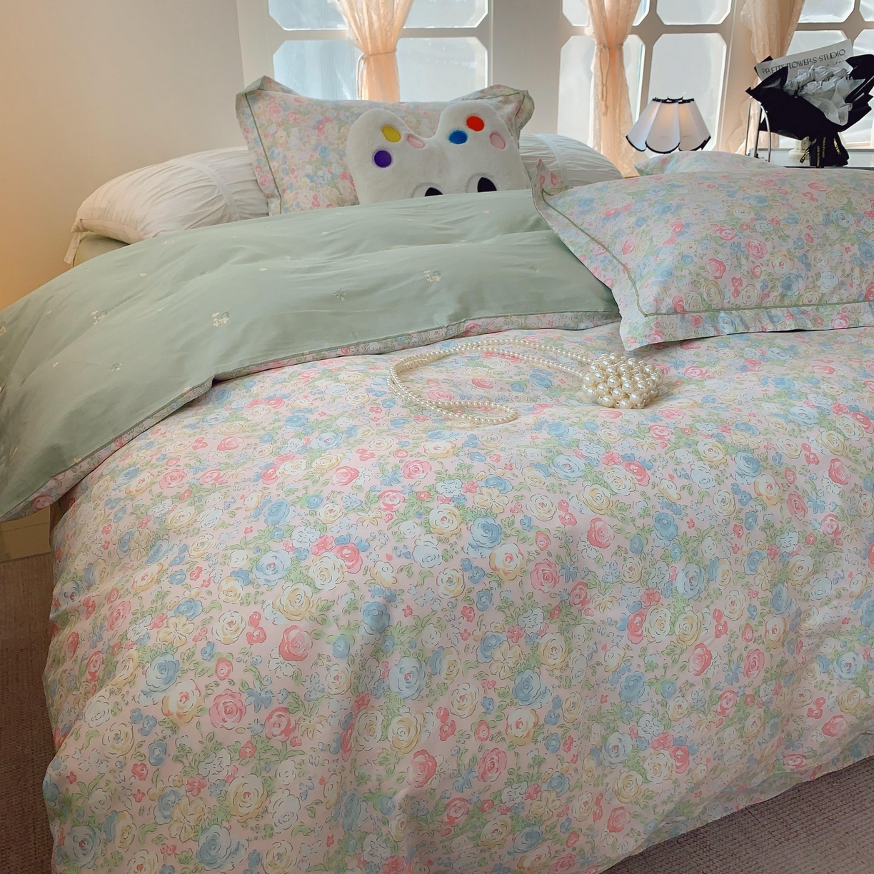 91家纺网 家纺一手货源 找家纺 莱豫家纺 2025新款亲肤舒适小清新印花纯棉四件套 碧野