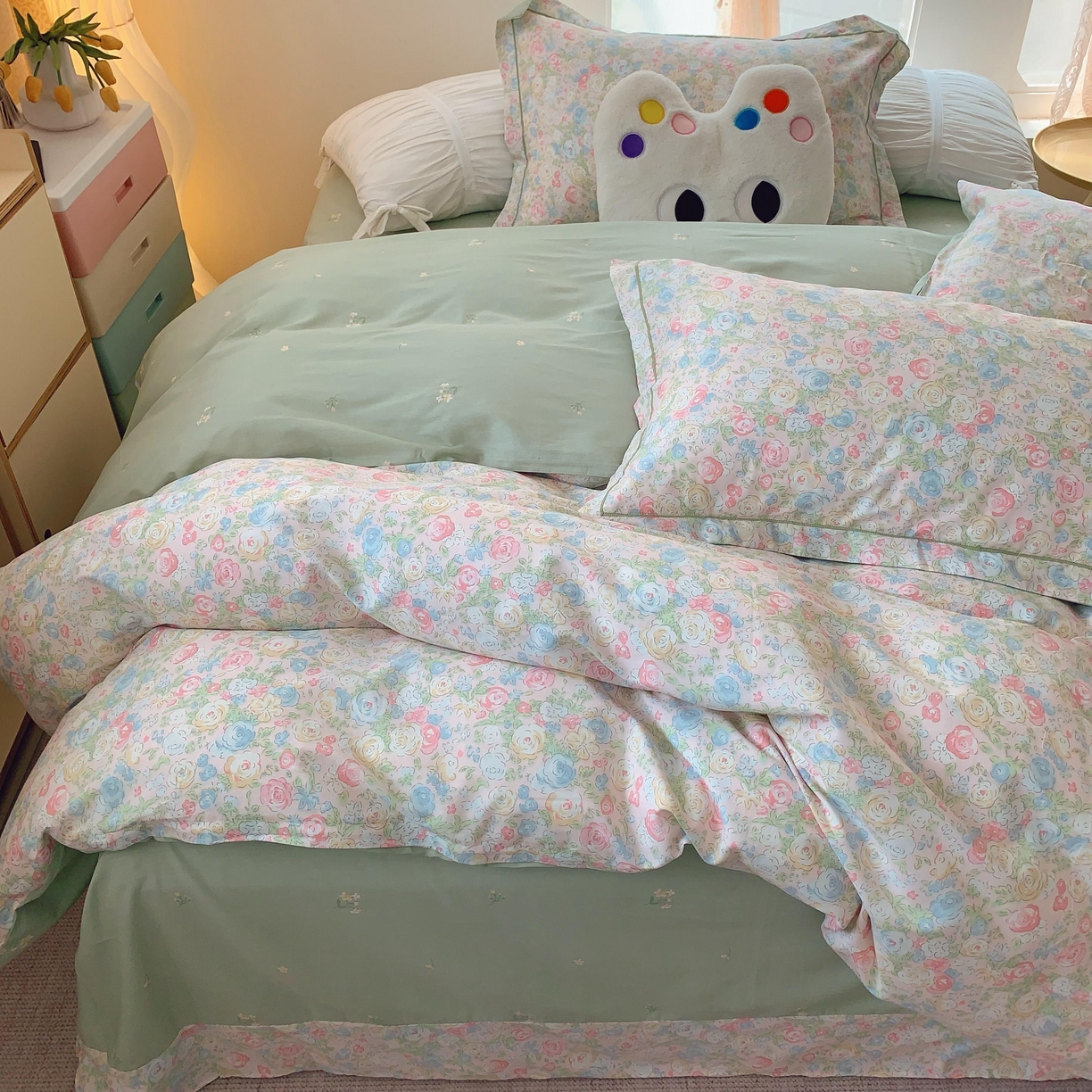 91家纺网 家纺一手货源 找家纺 莱豫家纺 2025新款亲肤舒适小清新印花纯棉四件套 碧野