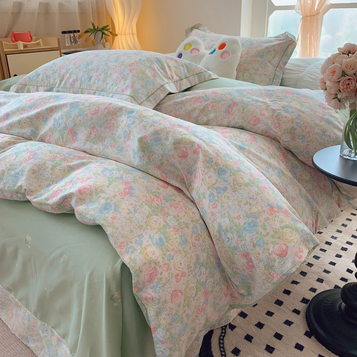 91家纺网 家纺一手货源 找家纺 莱豫家纺 2025新款亲肤舒适小清新印花纯棉四件套 碧野