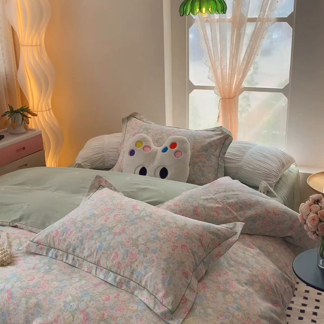 91家纺网 家纺一手货源 找家纺 莱豫家纺 2025新款亲肤舒适小清新印花纯棉四件套 碧野