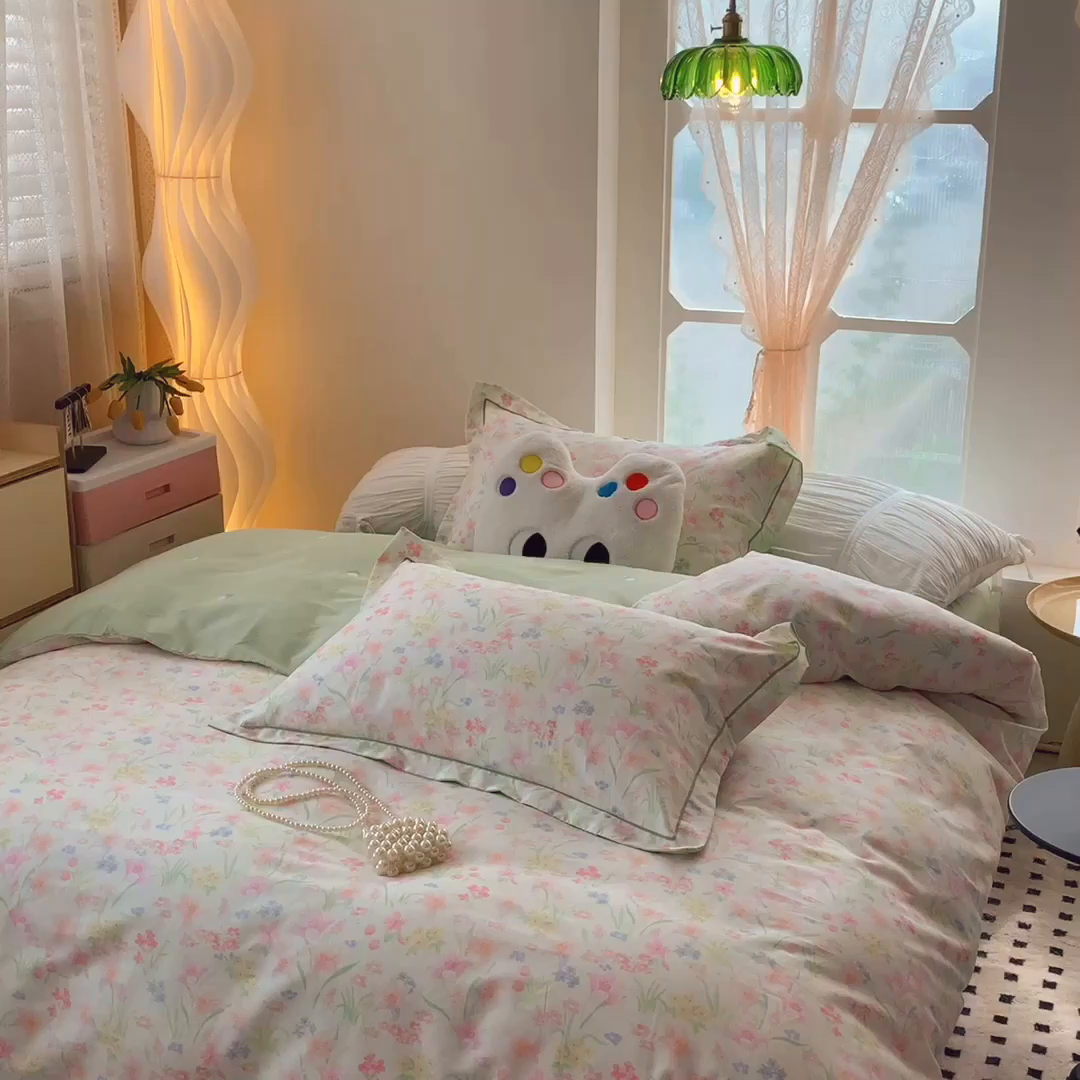 91家纺网 家纺一手货源 找家纺 莱豫家纺 2025新款亲肤舒适小清新印花纯棉四件套 蒂芙娜