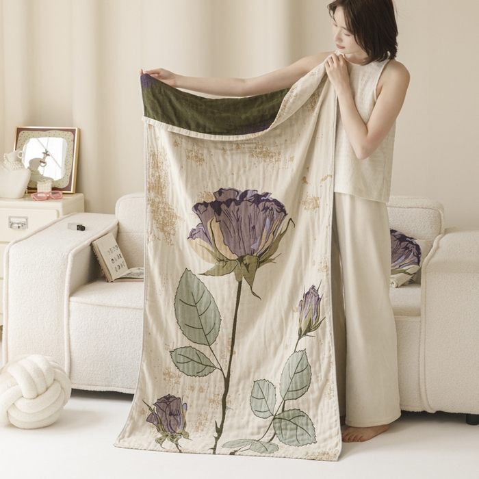 91家纺网 家纺一手货源 找家纺 爱港家纺 2025新款全棉全彩纱浴巾 披肩毯 午睡纱布毯 浴巾-沉鱼-西施 75*150cm/条