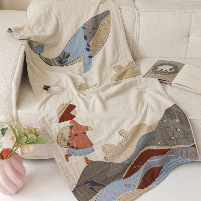 91家纺网 家纺一手货源 找家纺 爱港家纺 2025新款全棉全彩纱浴巾 披肩毯 午睡纱布毯 浴巾-大鱼-女孩 75*150cm/条