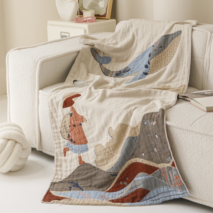 91家纺网 家纺一手货源 找家纺 爱港家纺 2025新款全棉全彩纱浴巾 披肩毯 午睡纱布毯 浴巾-大鱼-女孩 75*150cm/条