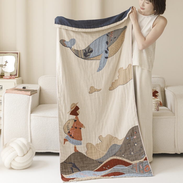 91家纺网 家纺一手货源 找家纺 爱港家纺 2025新款全棉全彩纱浴巾 披肩毯 午睡纱布毯 浴巾-大鱼-女孩 75*150cm/条