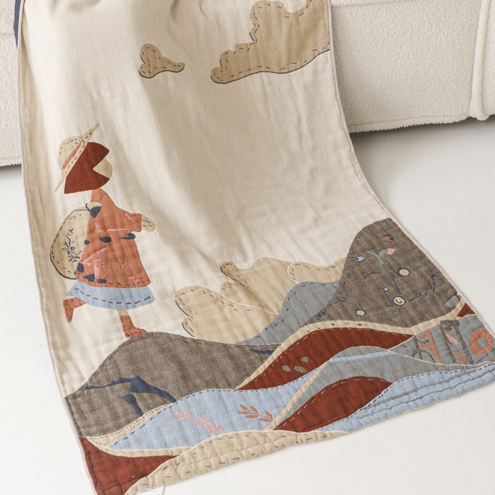 91家纺网 家纺一手货源 找家纺 爱港家纺 2025新款全棉全彩纱浴巾 披肩毯 午睡纱布毯 浴巾-大鱼-女孩 75*150cm/条