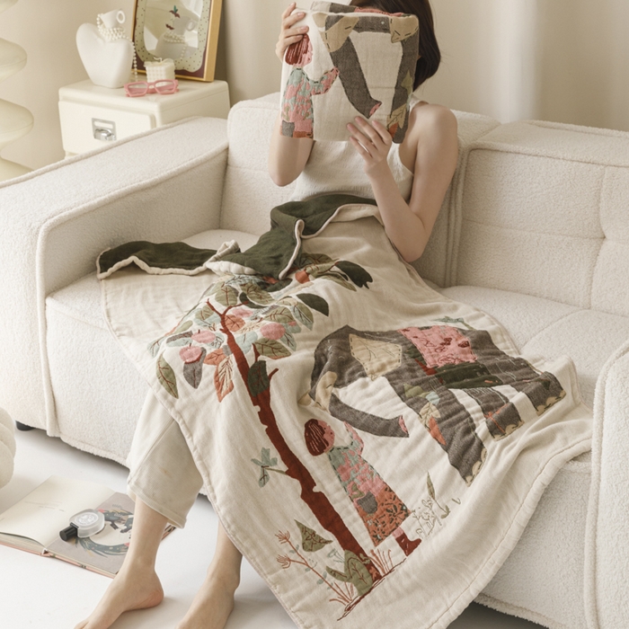 91家纺网 家纺一手货源 找家纺 爱港家纺 2025新款全棉全彩纱浴巾 披肩毯 午睡纱布毯 浴巾-和谐-自然 75*150cm/条