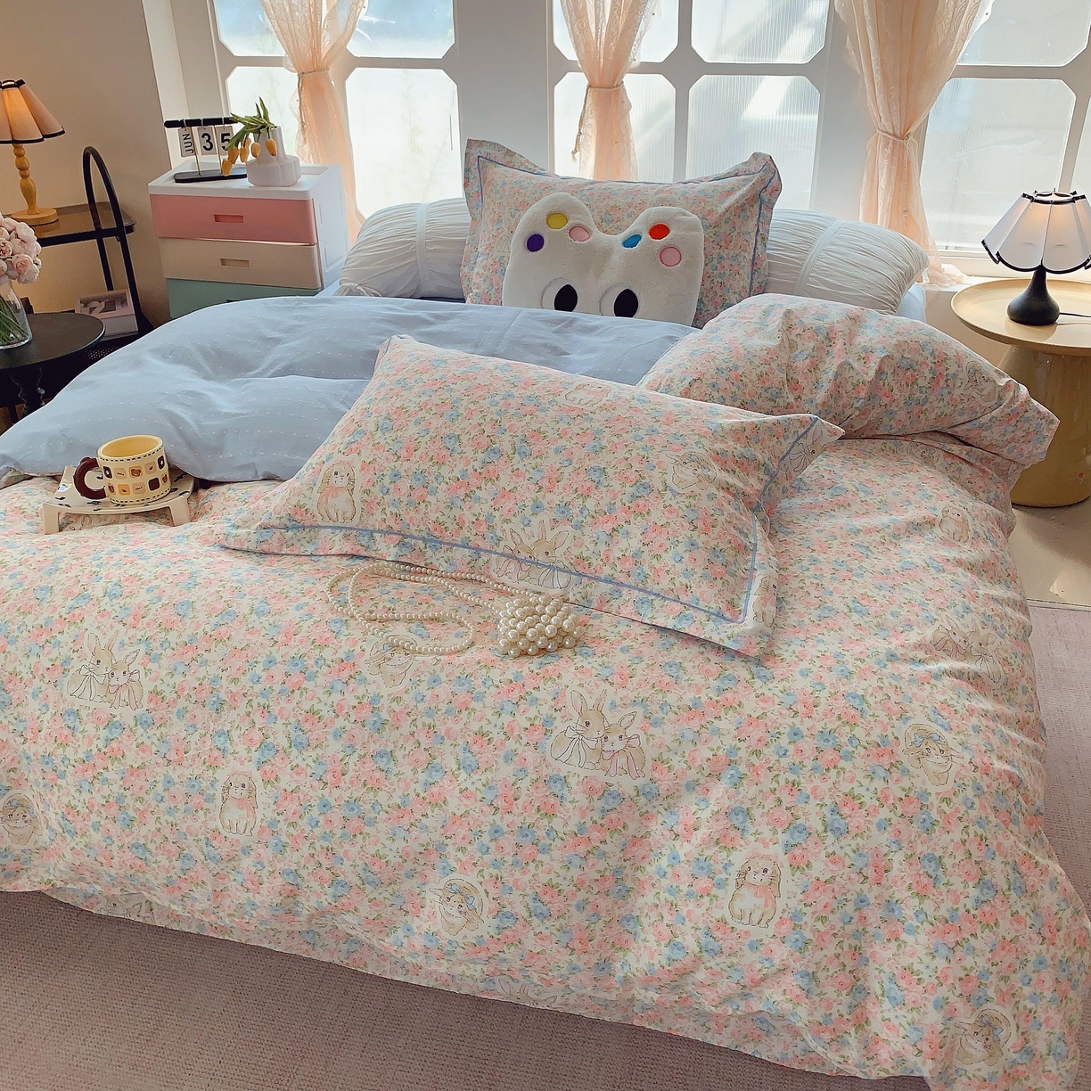 91家纺网 家纺一手货源 找家纺 莱豫家纺 2025新款亲肤舒适小清新印花纯棉四件套 花仙兔