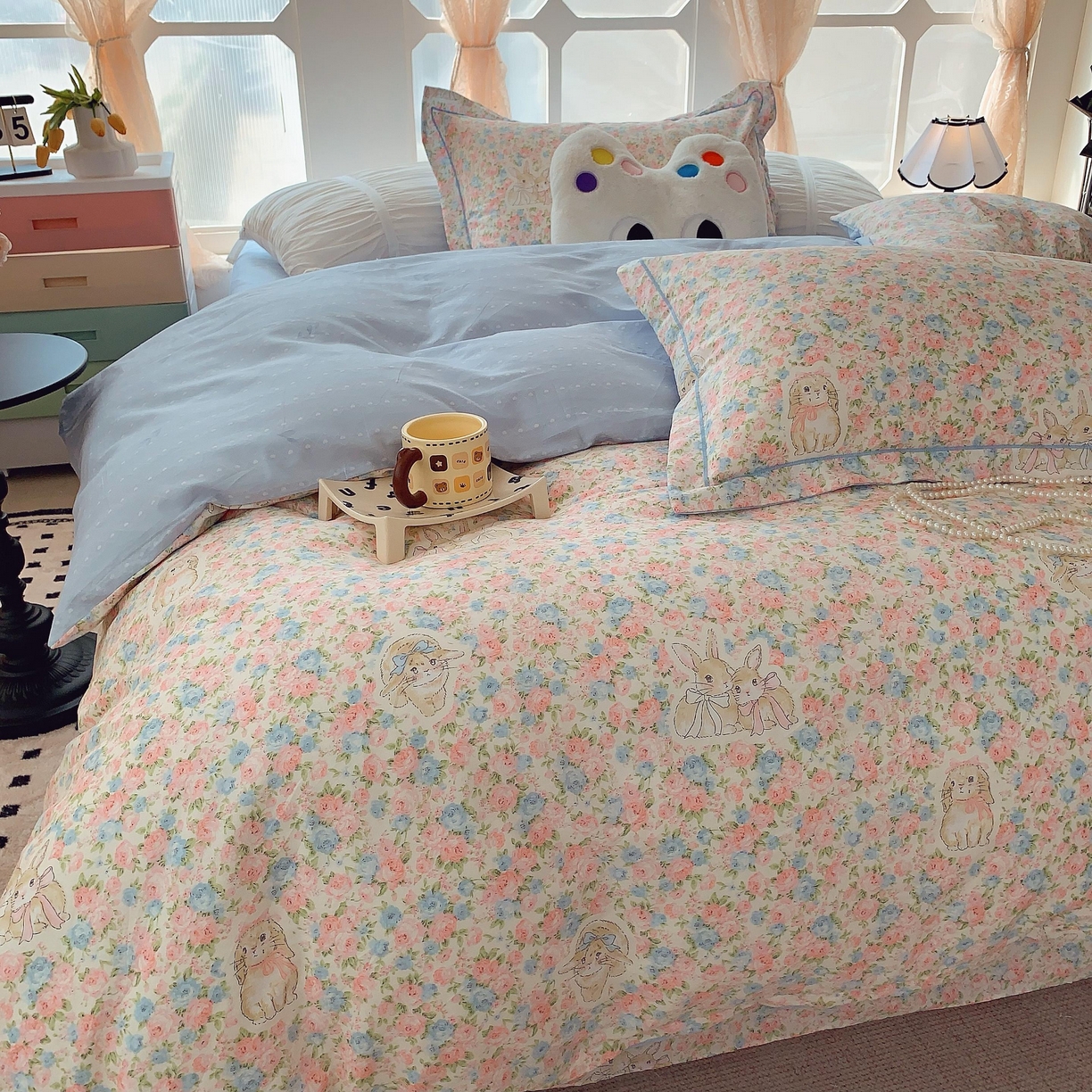 91家纺网 家纺一手货源 找家纺 莱豫家纺 2025新款亲肤舒适小清新印花纯棉四件套 花仙兔