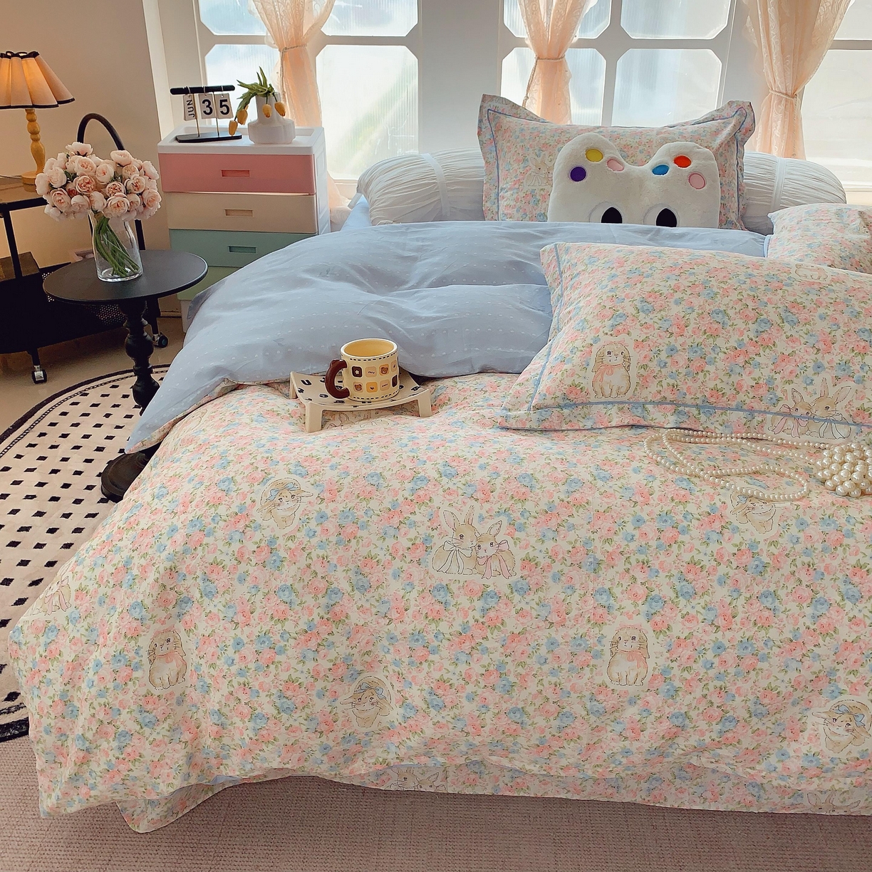 91家纺网 家纺一手货源 找家纺 莱豫家纺 2025新款亲肤舒适小清新印花纯棉四件套 花仙兔