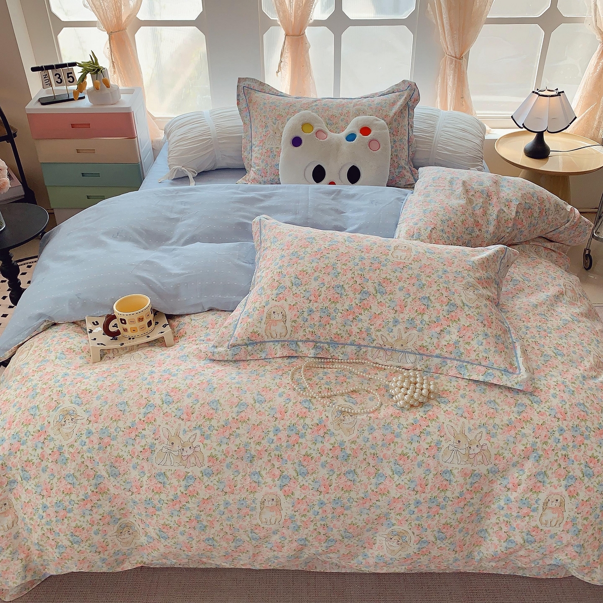 91家纺网 家纺一手货源 找家纺 莱豫家纺 2025新款亲肤舒适小清新印花纯棉四件套 花仙兔