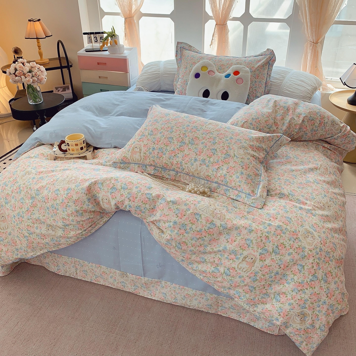 91家纺网 家纺一手货源 找家纺 莱豫家纺 2025新款亲肤舒适小清新印花纯棉四件套 花仙兔