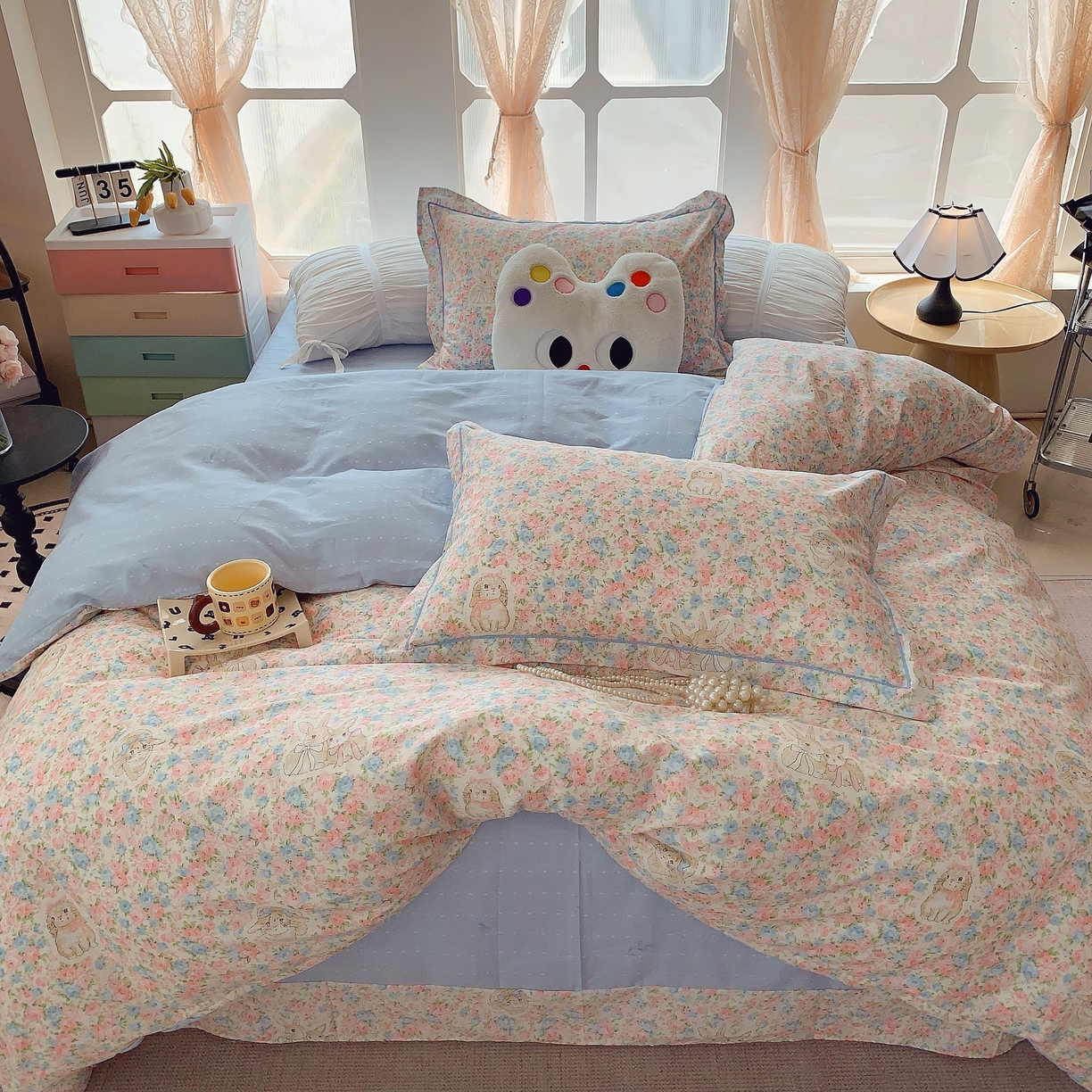 91家纺网 家纺一手货源 找家纺 莱豫家纺 2025新款亲肤舒适小清新印花纯棉四件套 花仙兔