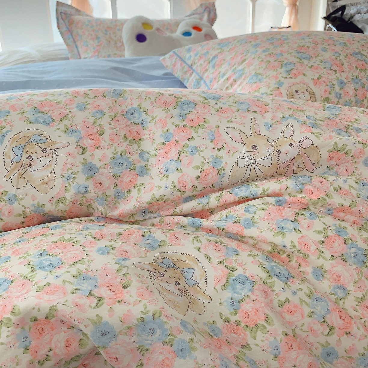 91家纺网 家纺一手货源 找家纺 莱豫家纺 2025新款亲肤舒适小清新印花纯棉四件套 花仙兔