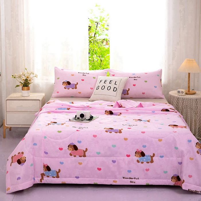 91家纺网 家纺一手货源 找家纺 天瑜家纺 2025新款棉绸夏被苏香绸舒香绸夏凉被人造棉空调被 爱心狗粉