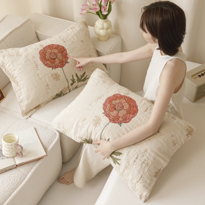 91家纺网 家纺一手货源 找家纺 爱港家纺 2025新款全棉色织纱枕巾 花卉枕头巾 隔热耐脏防滑枕巾 枕巾-羞花-贵妃 52*75cm/只