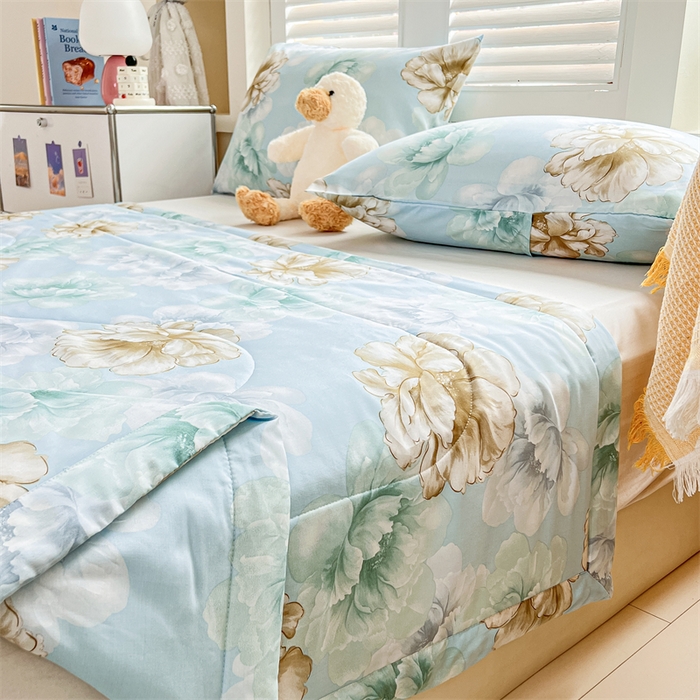 91家纺网 家纺一手货源 找家纺 天瑜家纺 2025新款棉绸夏被苏香绸舒香绸夏凉被人造棉空调被 盛世牡丹蓝