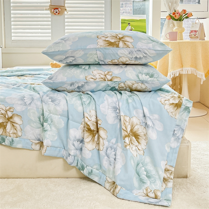 91家纺网 家纺一手货源 找家纺 天瑜家纺 2025新款棉绸夏被苏香绸舒香绸夏凉被人造棉空调被 盛世牡丹蓝