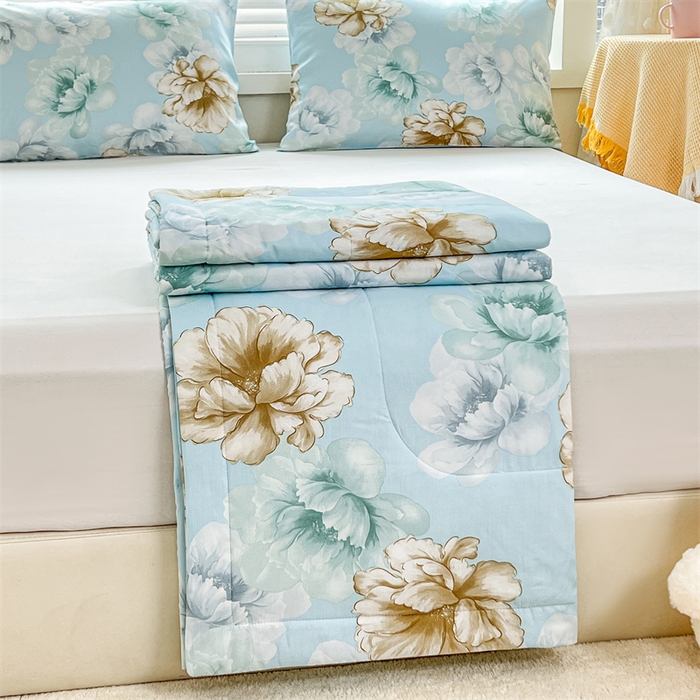 91家纺网 家纺一手货源 找家纺 天瑜家纺 2025新款棉绸夏被苏香绸舒香绸夏凉被人造棉空调被 盛世牡丹蓝