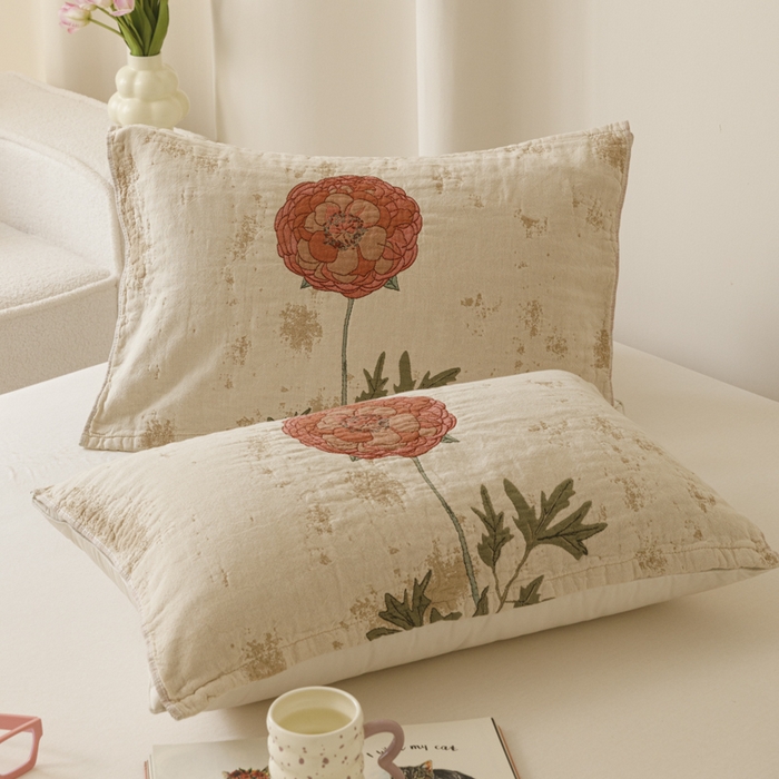 91家纺网 家纺一手货源 找家纺 爱港家纺 2025新款全棉色织纱枕巾 花卉枕头巾 隔热耐脏防滑枕巾 枕巾-羞花-贵妃 52*75cm/对