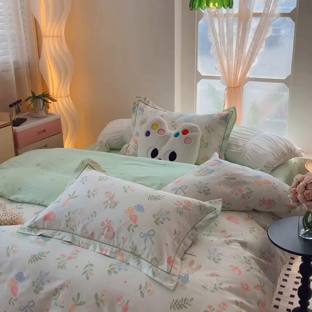 91家纺网 家纺一手货源 找家纺 莱豫家纺 2025新款亲肤舒适小清新印花纯棉四件套 梦屿千寻