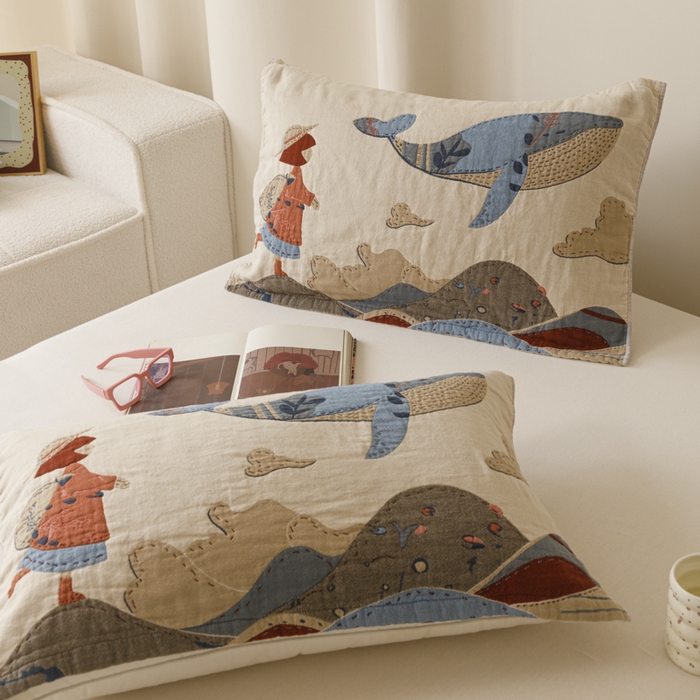 91家纺网 家纺一手货源 找家纺 爱港家纺 2025新款全棉色织纱枕巾 花卉枕头巾 隔热耐脏防滑枕巾 枕巾-大鱼-女孩 52*75cm/对