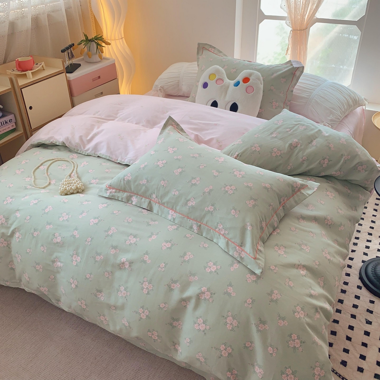 91家纺网 家纺一手货源 找家纺 莱豫家纺 2025新款亲肤舒适小清新印花纯棉四件套 沐歌绿