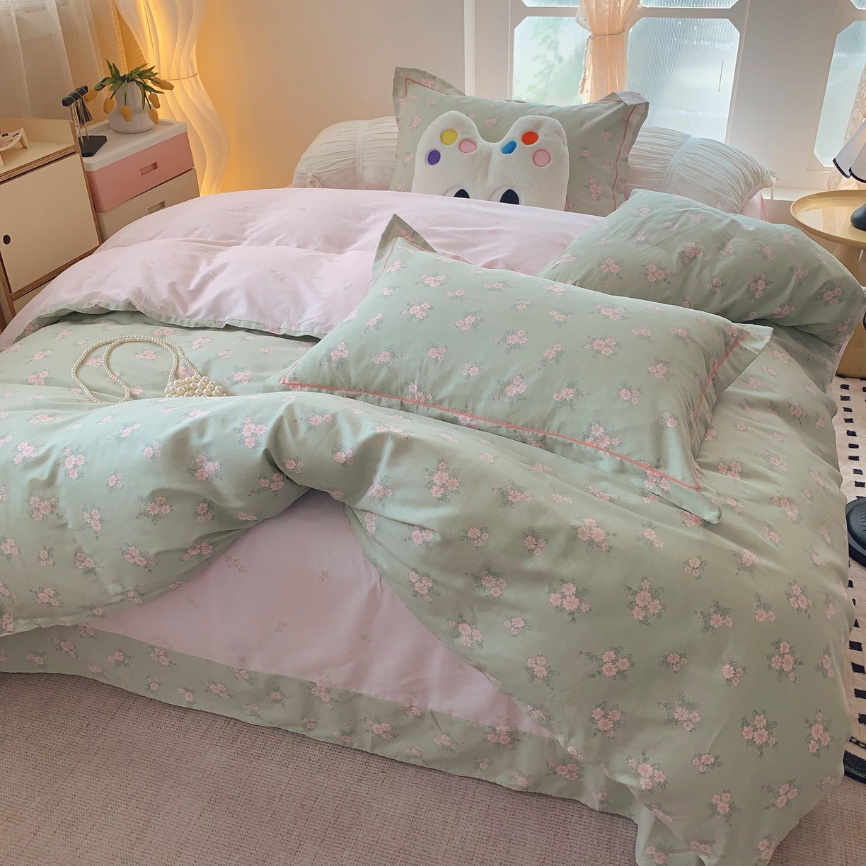 91家纺网 家纺一手货源 找家纺 莱豫家纺 2025新款亲肤舒适小清新印花纯棉四件套 沐歌绿