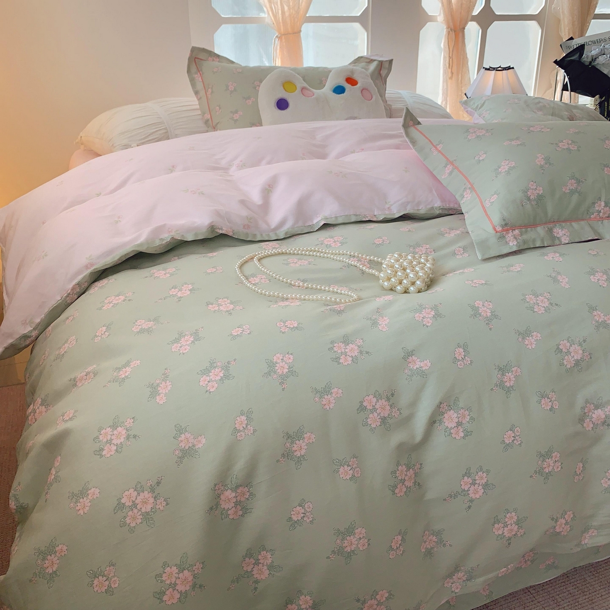 91家纺网 家纺一手货源 找家纺 莱豫家纺 2025新款亲肤舒适小清新印花纯棉四件套 沐歌绿