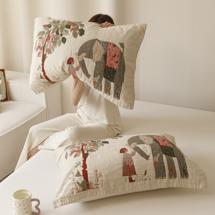 91家纺网 家纺一手货源 找家纺 爱港家纺 2025新款全棉色织纱枕巾 花卉枕头巾 隔热耐脏防滑枕巾 枕巾-和谐-自然 52*75cm/对