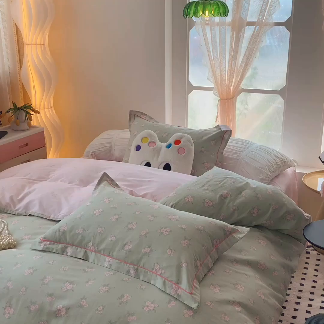91家纺网 家纺一手货源 找家纺 莱豫家纺 2025新款亲肤舒适小清新印花纯棉四件套 沐歌绿