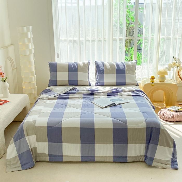 天瑜家纺 2025新款棉绸夏被苏香绸舒香绸夏凉被人造棉空调被 蓝大格